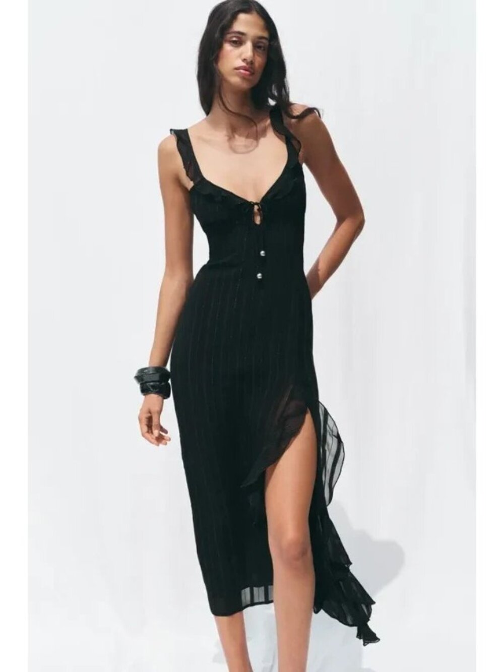 Zara Womens Dress M Black Pinstripe Midi Ruffle Lingerie Open Back 3550/999 NWT
